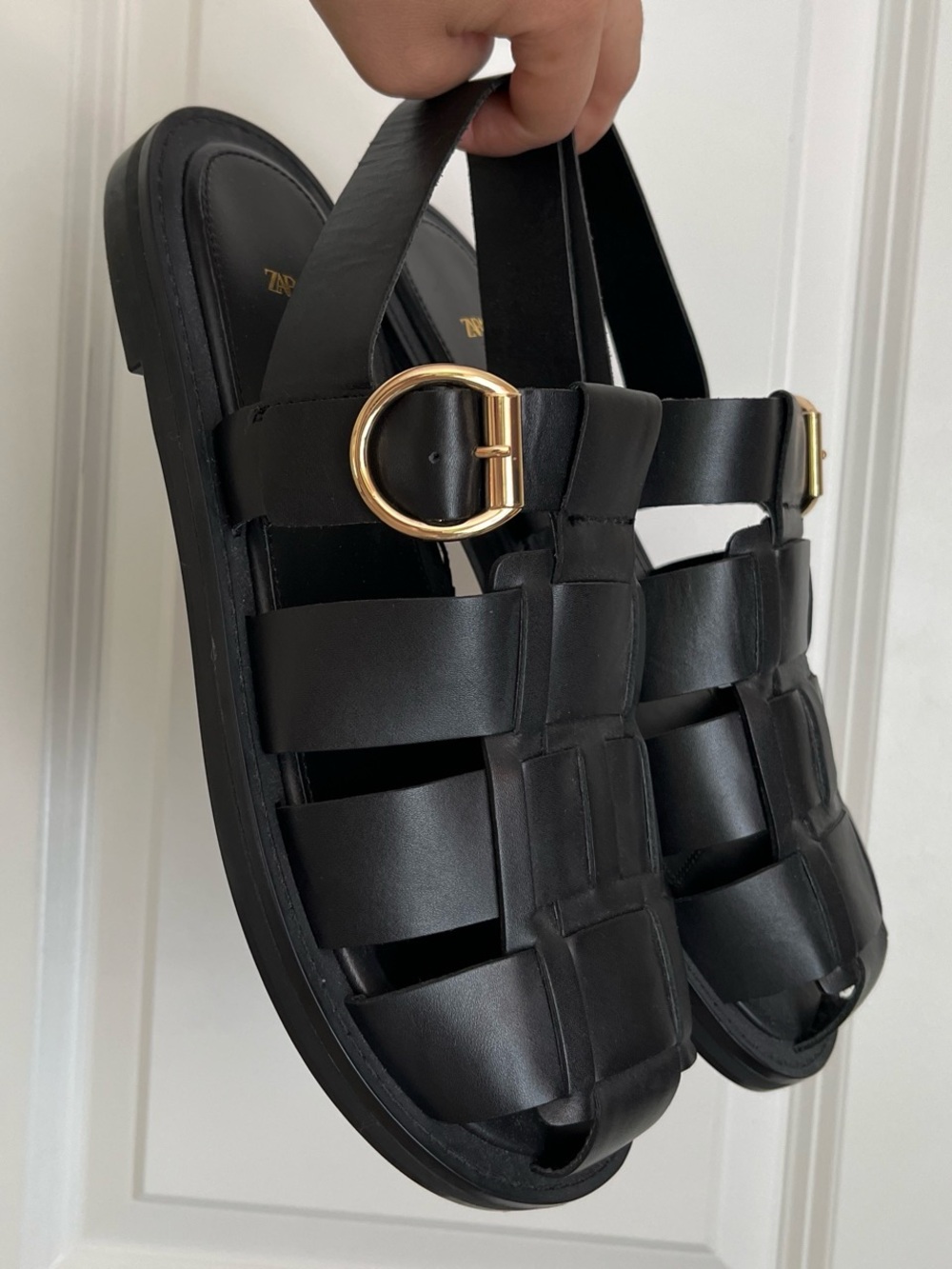 Zara Black Woven Leather Sandals with Gold Buckle